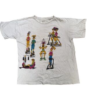 White Graphic Short-Sleeve Tee with Colorful Fitness Artwork Vintage 80s 90s